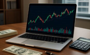 A laptop displaying a financial chart with green and red candlesticks, surrounded by stacks of cash and a calculator.