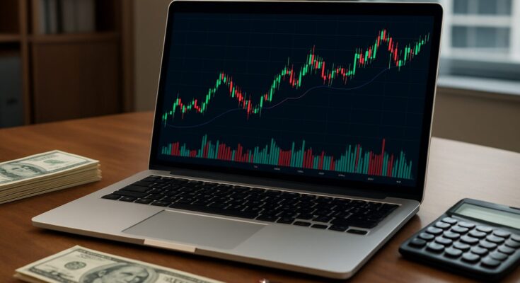 A laptop displaying a financial chart with green and red candlesticks, surrounded by stacks of cash and a calculator.