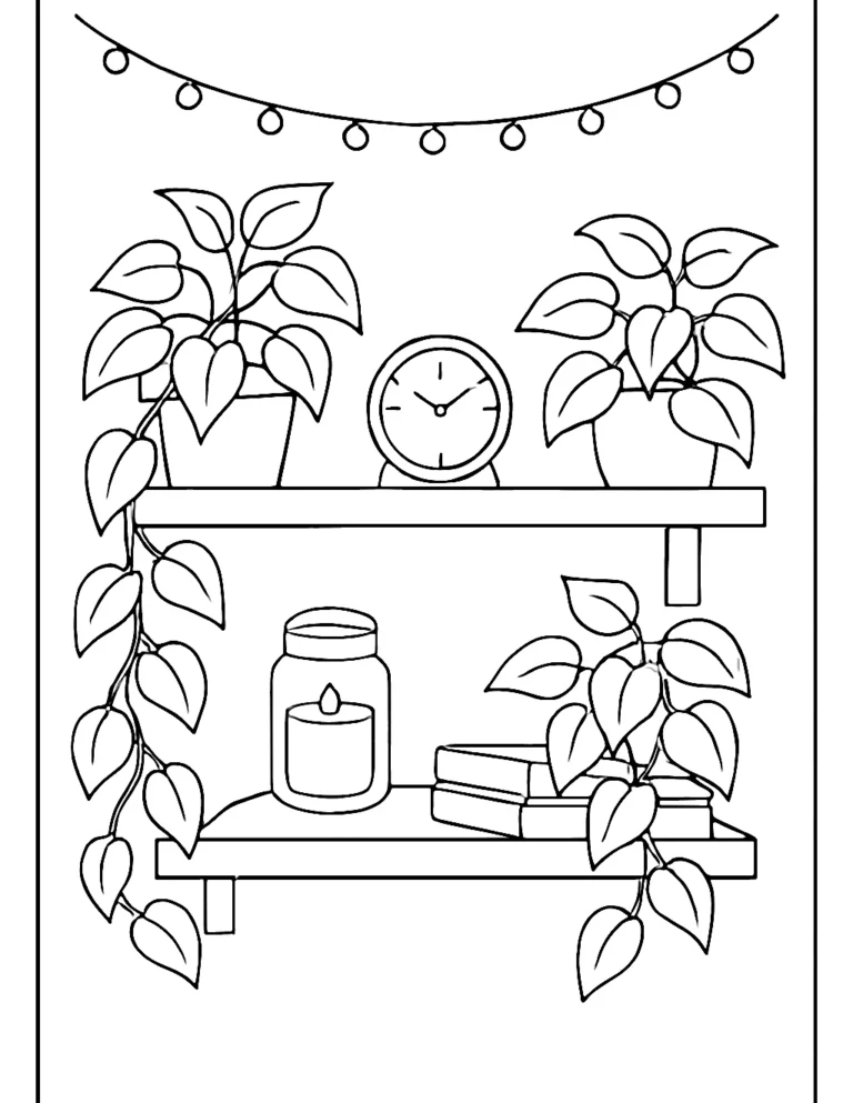 Aesthetic coloring page of a wall shelf with trailing plants, candles and small books