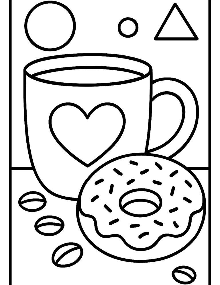 Bold and easy coloring page of a big coffee mug with a frosted donut and sprinkles