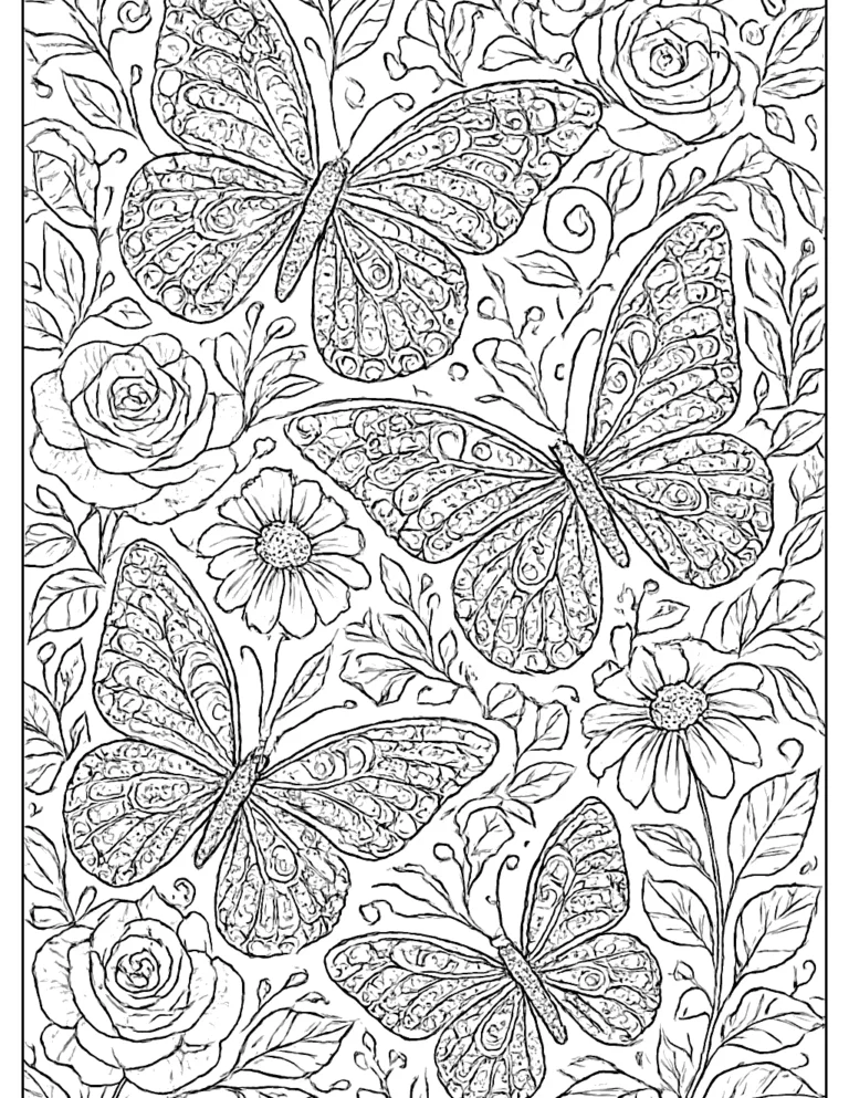 Realistic coloring page for adults of butterflies with patterned wings in a flower garden