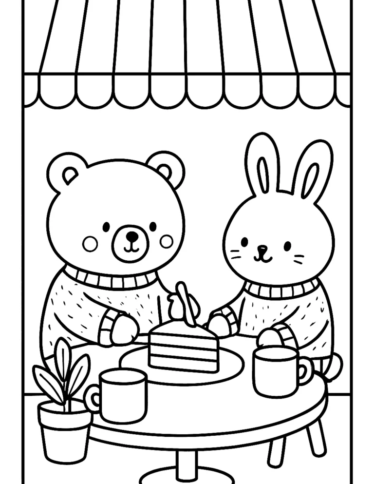 Cozy friends coloring page of a bear and a bunny sharing cake at a cafe table