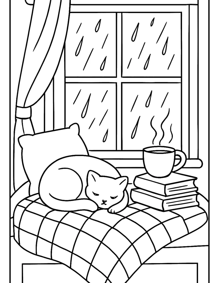 Cozy coloring page of a window reading nook with a sleeping cat, quilt and tea