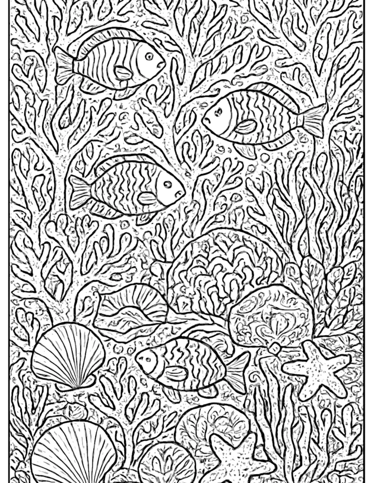 Hard coloring page of a coral reef packed with fish, shells and swaying sea plants