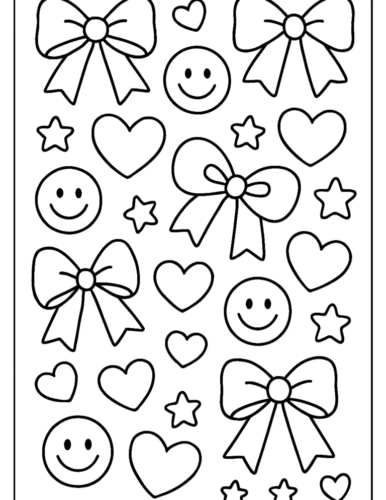 Preppy coloring page of bows, smiley faces, hearts and stars in a repeating pattern