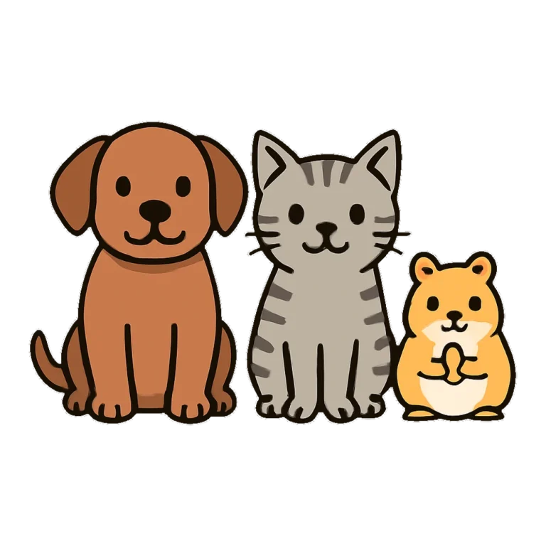 Pet clipart of a brown puppy, a gray kitten and a hamster sitting in a row