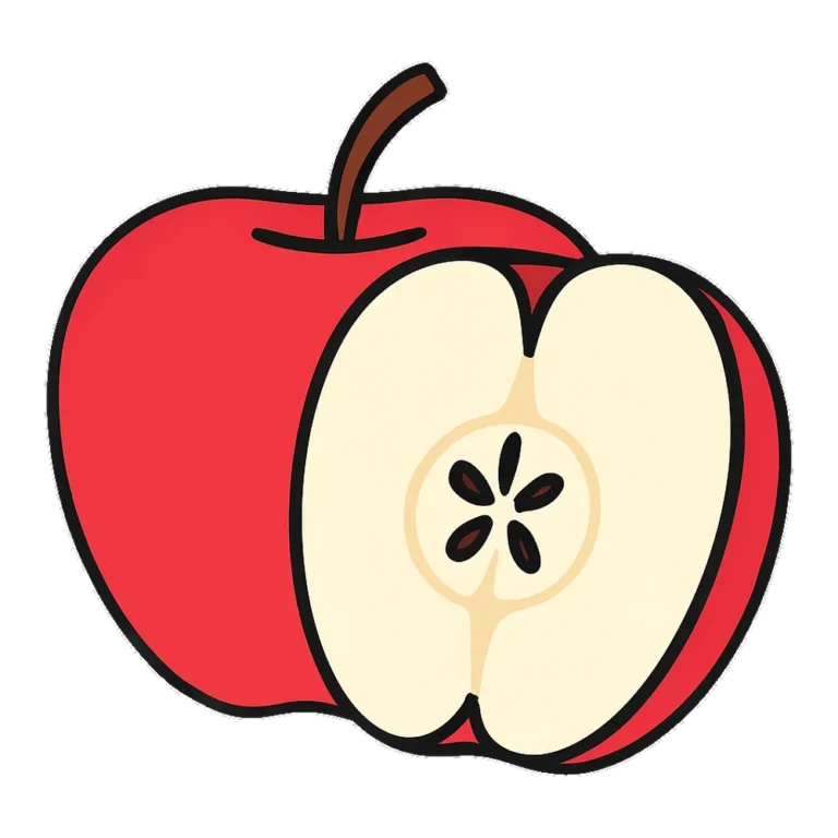 Apple clipart of a red apple sliced in half showing the core and dark seeds