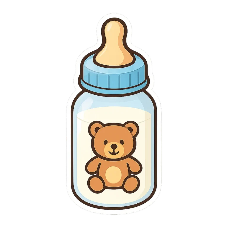Baby bottle clipart sticker of a milk bottle with a light blue cap and teddy print