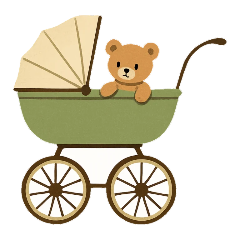 Baby shower clipart of a sage green stroller with a canopy and a teddy bear