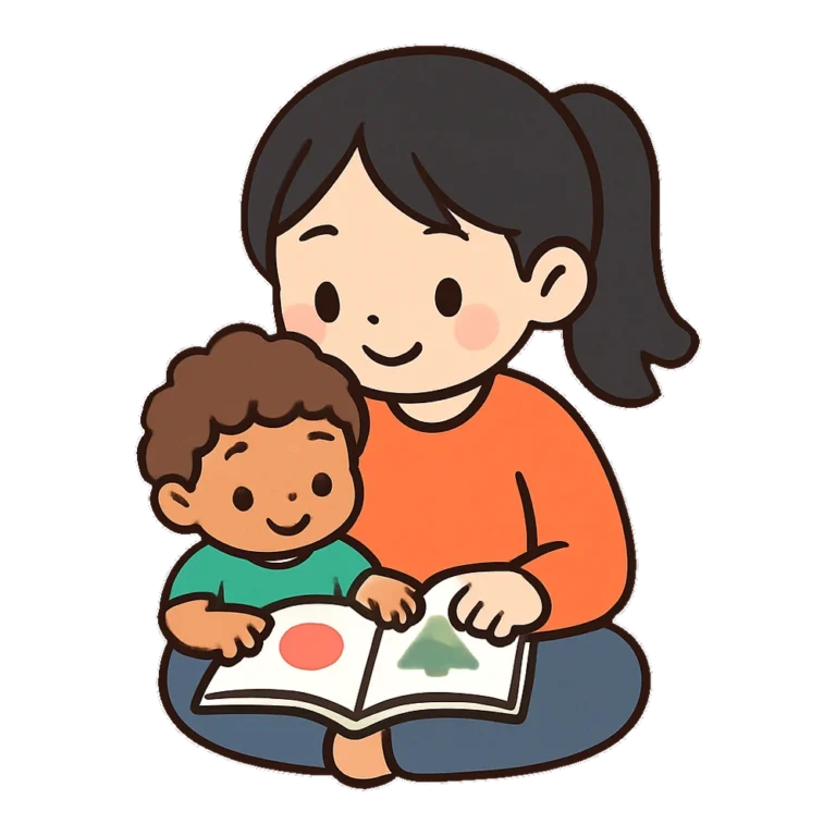 Babysitting clipart of a teen sitter reading a picture book to a toddler