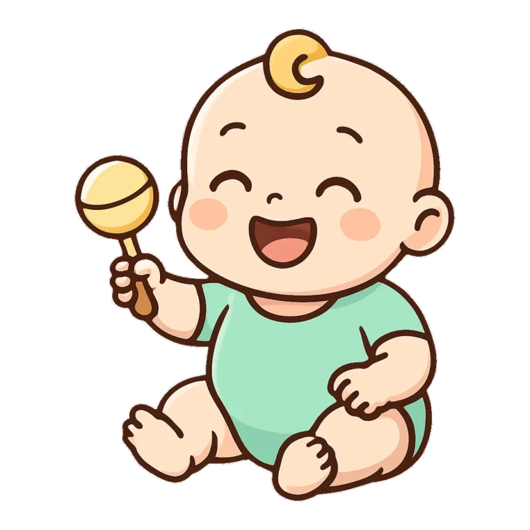 Cute baby clipart of a giggling infant sitting up and shaking a yellow rattle
