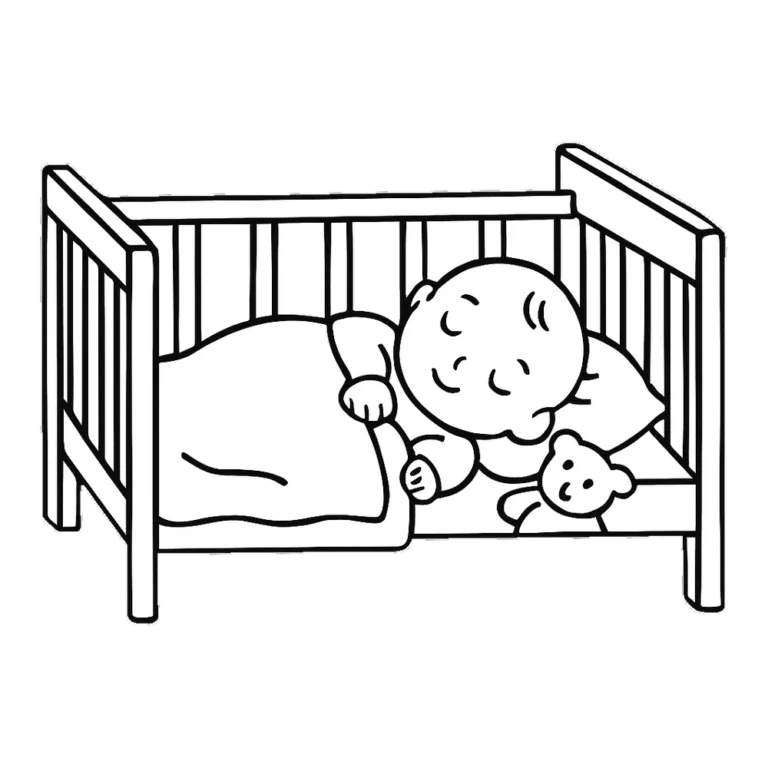 Infant clipart black and white of a baby sleeping in a crib with a teddy