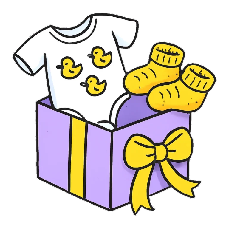 Baby shower clip art doodle of a gift box with a onesie, booties and a bow