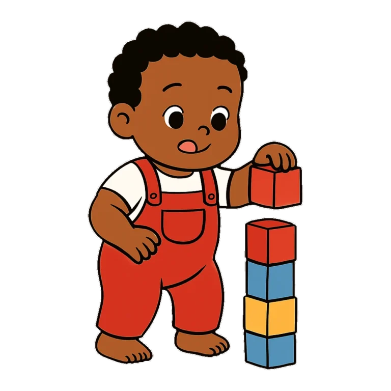 Toddler clipart of a toddler in overalls stacking colorful wooden blocks