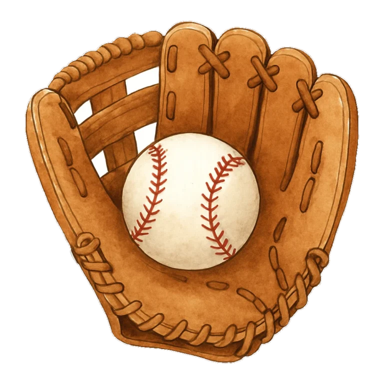 Baseball glove clipart of a brown leather mitt holding a ball, painted in watercolor