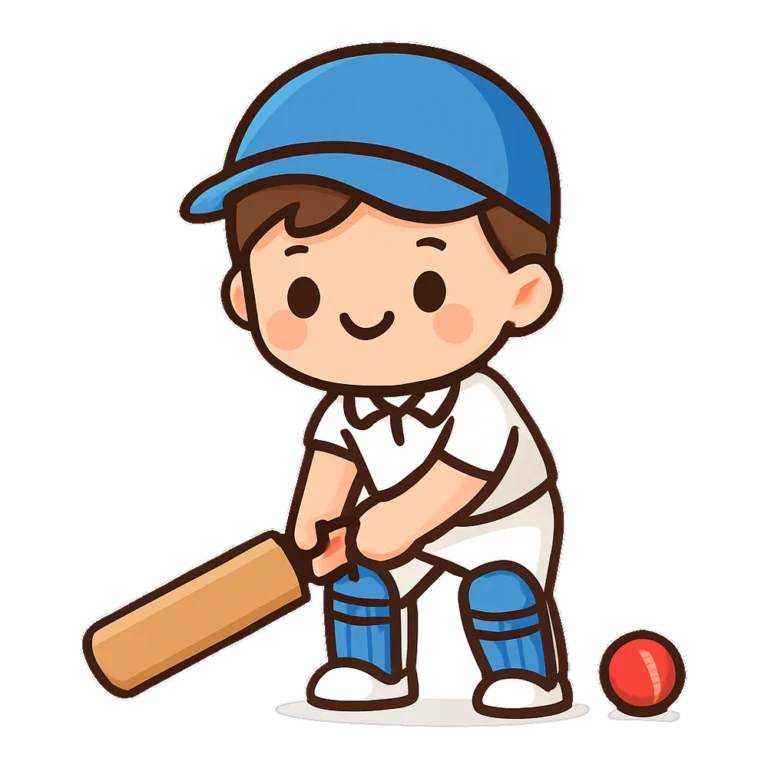 Clip art of a smiling cartoon child holding a cricket bat ready to play