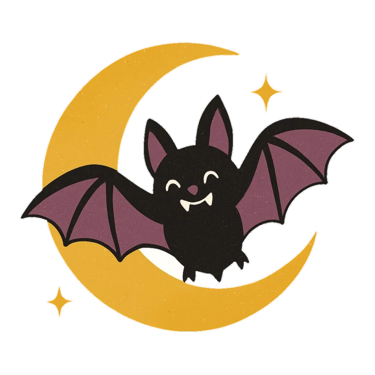 Retro bat clip art of a bat flying past a yellow crescent moon
