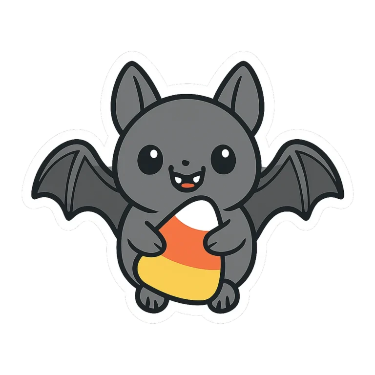 Bat sticker clipart of a smiling little bat holding a piece of candy corn