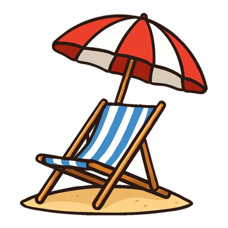 Beach chair clipart of a striped deck chair under a red and white beach umbrella