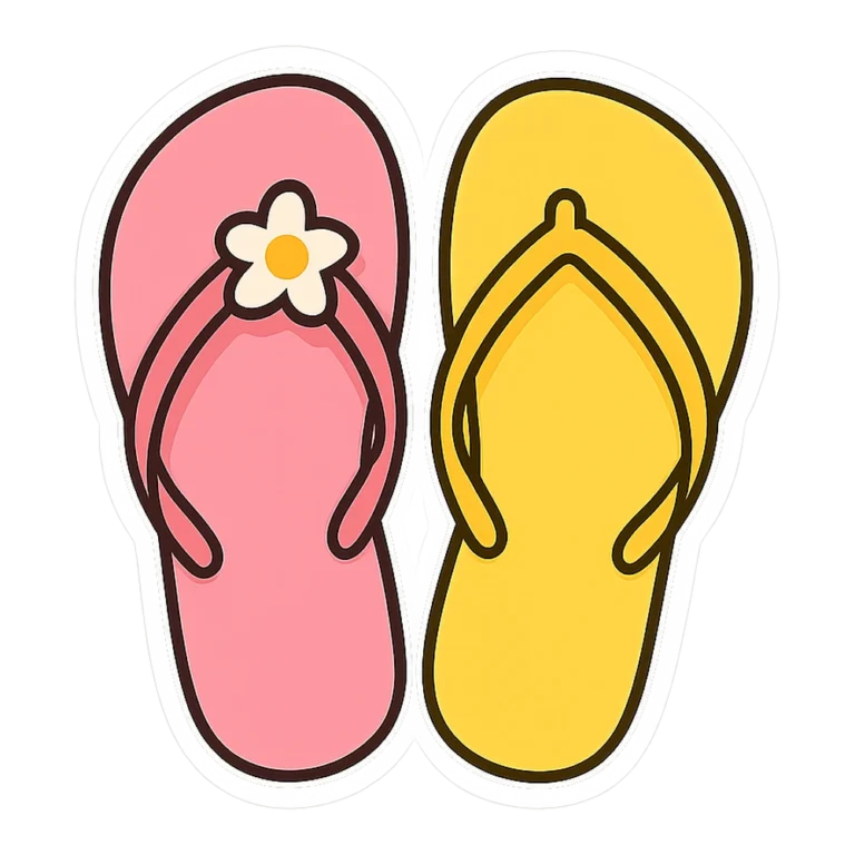 Sandals clipart sticker of a pair of bright pink and yellow flip-flops with a flower