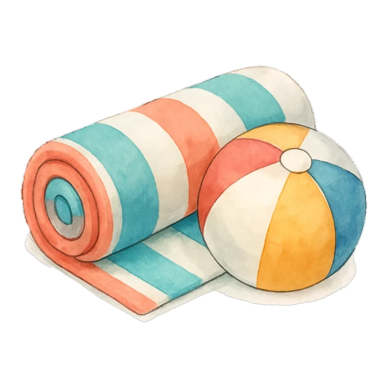 Beach towel clipart of a rolled striped towel and a beach ball painted in watercolor