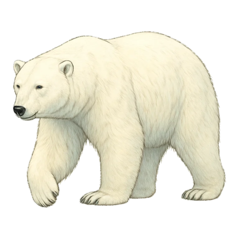 Polar bear clipart of a realistic adult polar bear walking with its head low