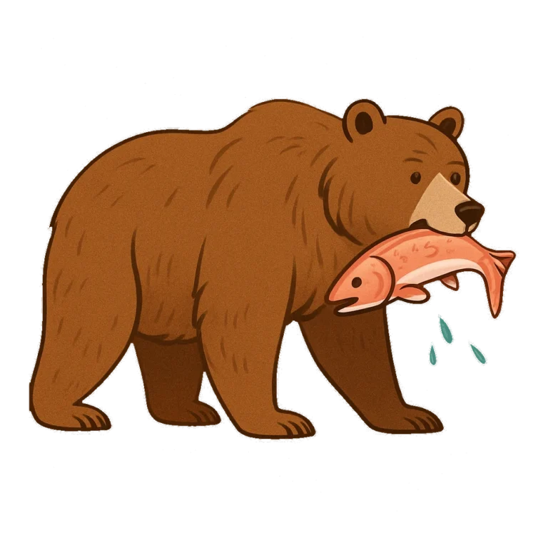 Grizzly bear clipart of a brown bear catching a jumping salmon in its jaws
