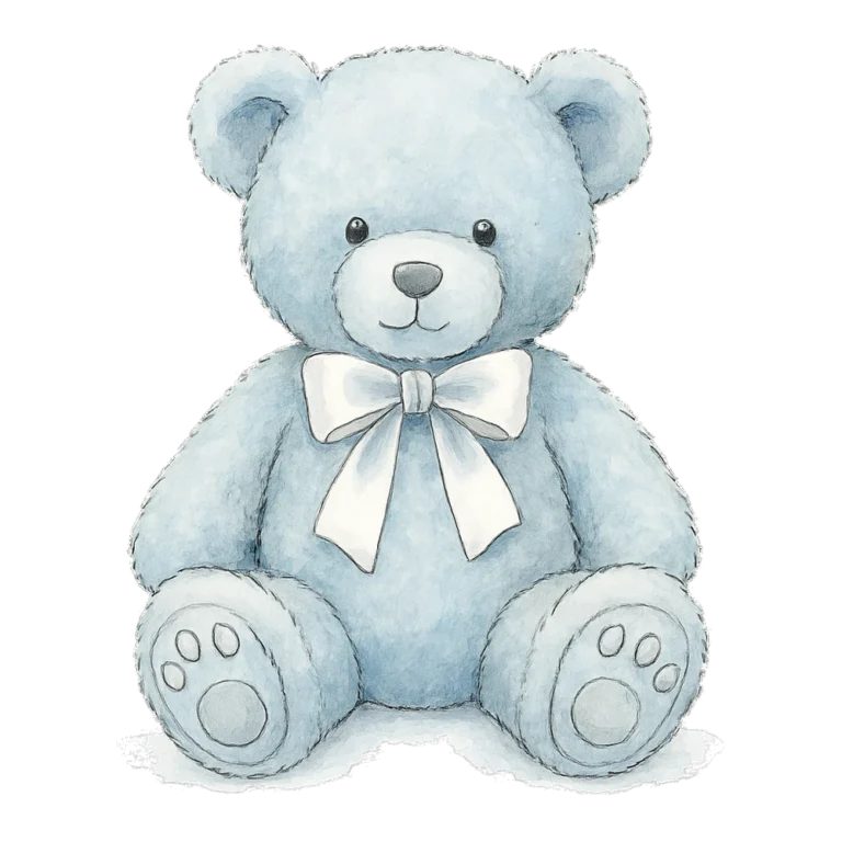 Blue teddy bear clip art in watercolor of a soft blue teddy with a white bow