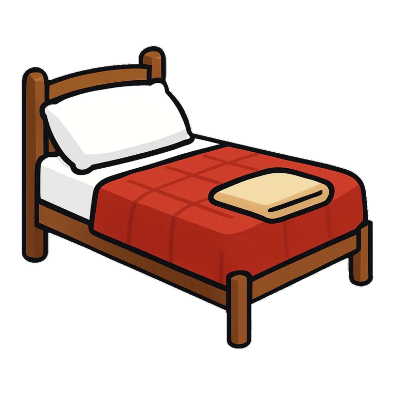 Bed clipart of a neatly made wooden bed with a red quilt and two pillows