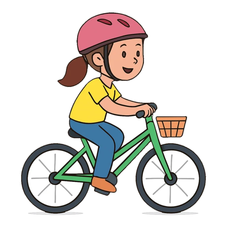 Bike clipart of a girl riding a green bicycle with a pink helmet
