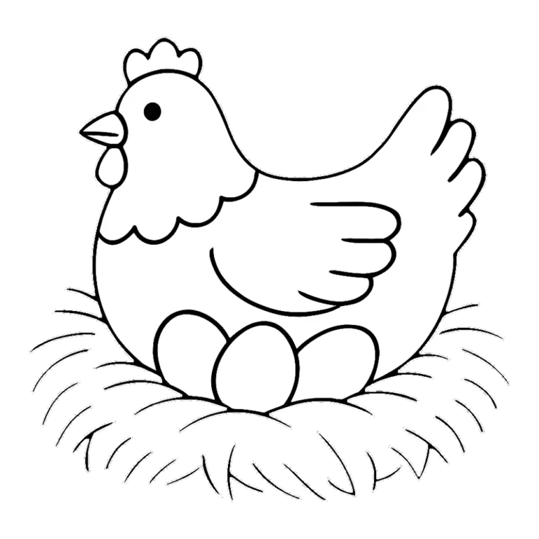 Hen clipart black and white of a plump hen sitting on a nest of eggs