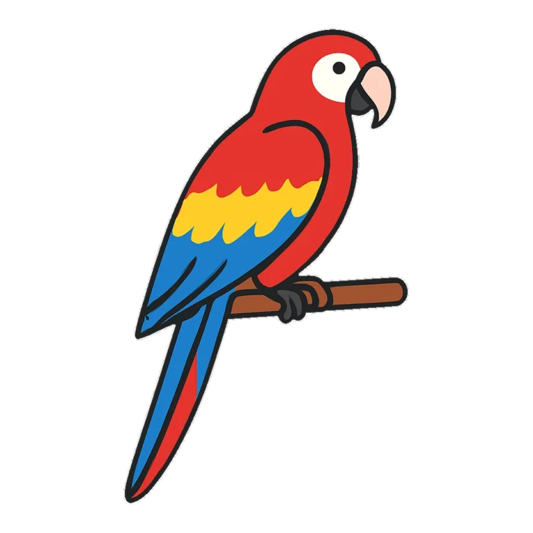 Parrot clipart in flat colors of a red, blue and yellow macaw perched on a branch