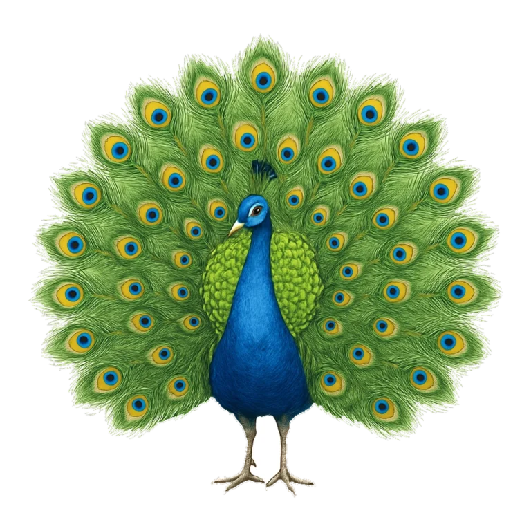 Peacock clipart of a realistic blue peacock with its long tail fanned open