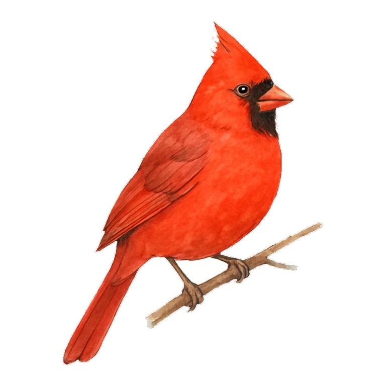 Cardinal clipart in watercolor of a bright red cardinal perched on a short twig