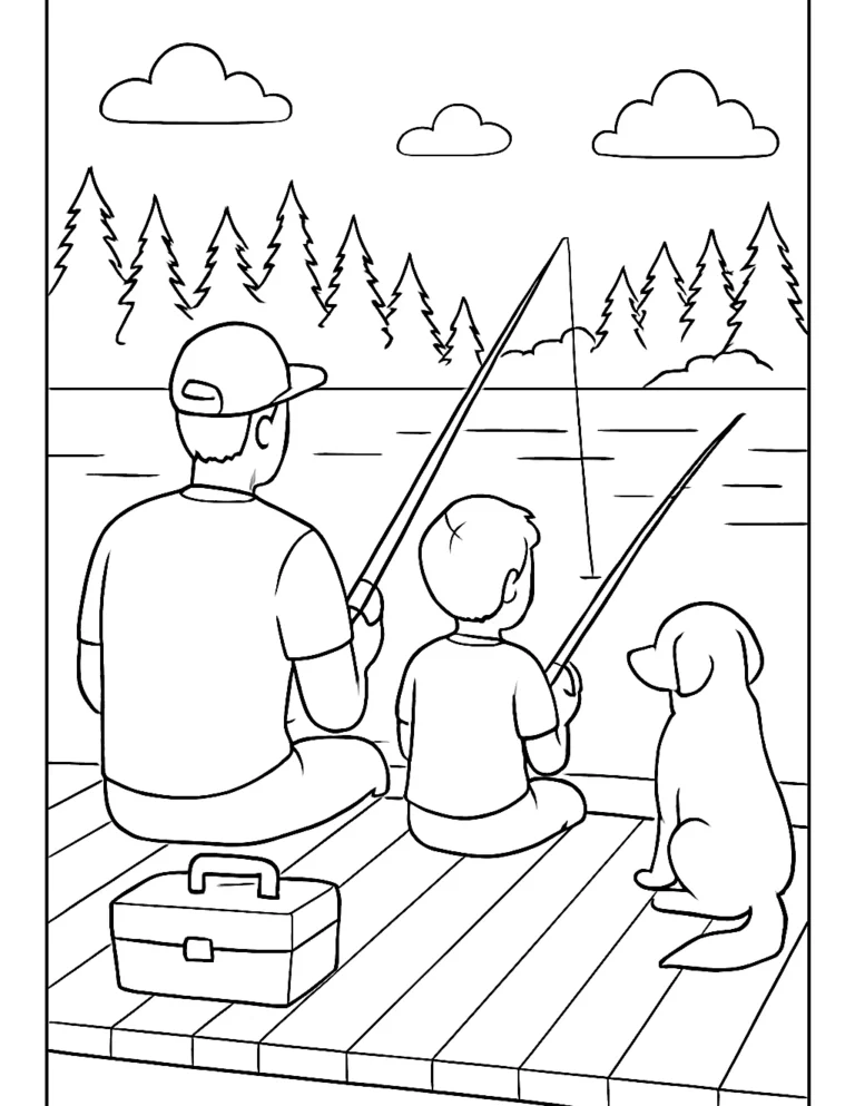 Father's Day coloring page of a dad and kid fishing from a dock on a calm lake
