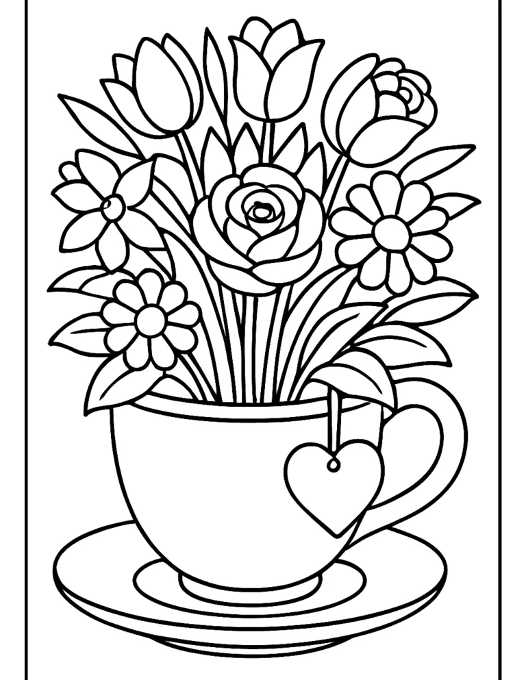 Mother's Day coloring page of a teacup full of tulips and roses with a heart tag