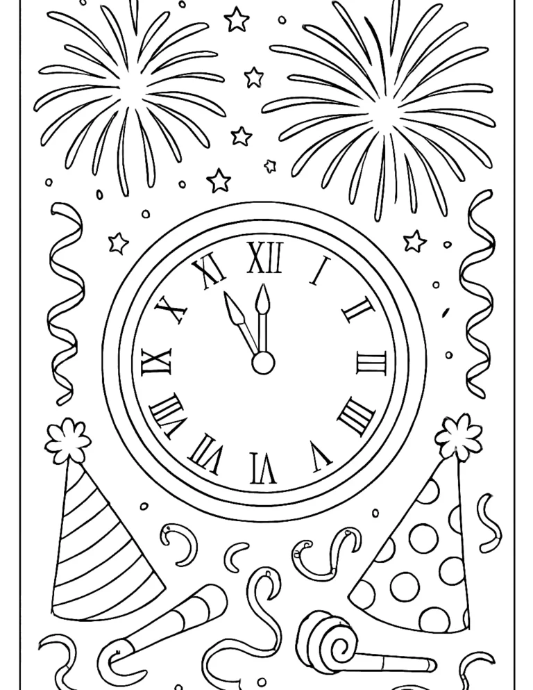 New Year coloring page of fireworks bursting over a clock at midnight with party hats