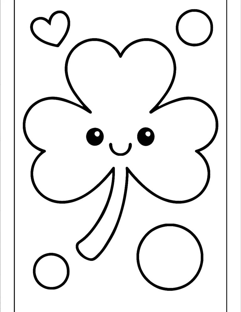 Easy St Patrick's Day coloring page of a big smiling shamrock with three round leaves