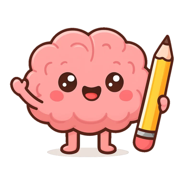 Cute brain clipart of a smiling pink cartoon brain holding a yellow pencil