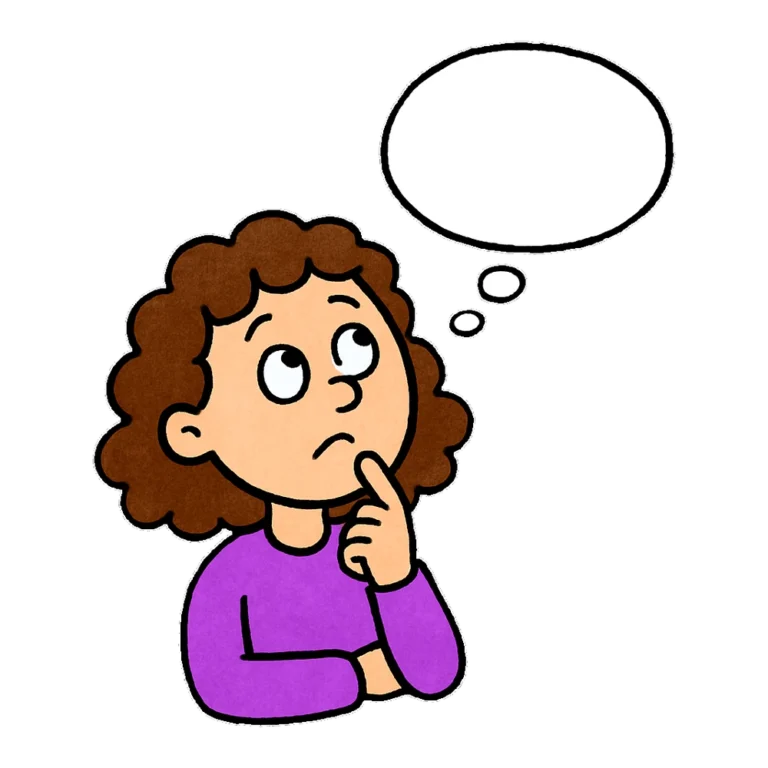 Girl thinking clipart of a doodled girl with a finger on her chin and a thought bubble