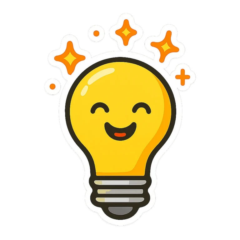 Idea clipart sticker of a bright light bulb with sparkles and a happy face