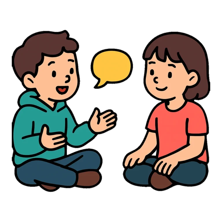 Think pair share clipart of two kids sitting side by side and talking about an idea