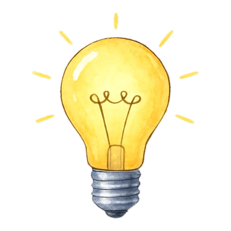 Light bulb clipart of a glowing yellow bulb painted in soft watercolor washes
