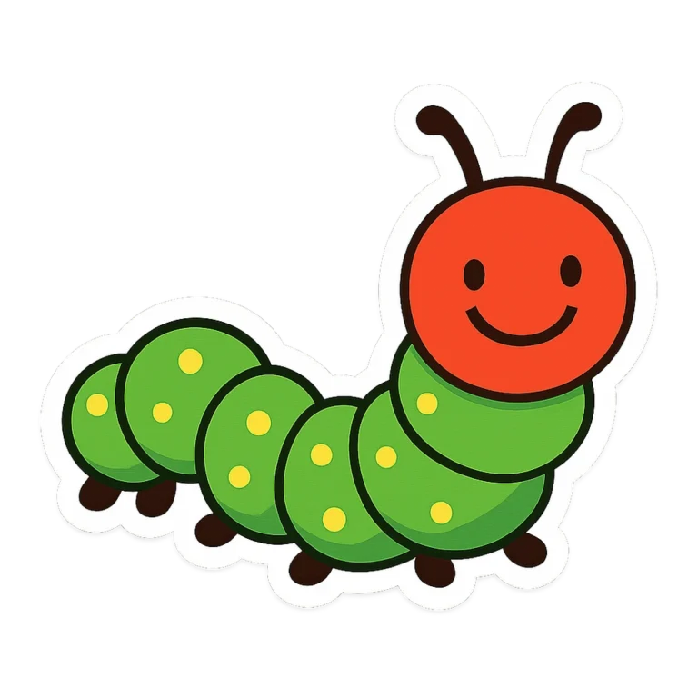 Caterpillar clipart sticker of a long green caterpillar with yellow spots and a wide smile