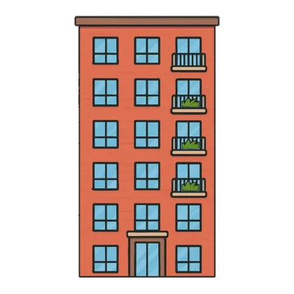 Building clipart of a tall brick apartment building with balconies and plants