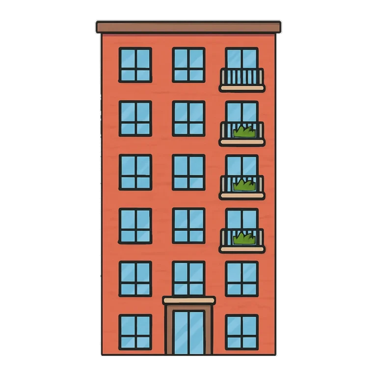 Building clipart of a tall brick apartment building with balconies and plants