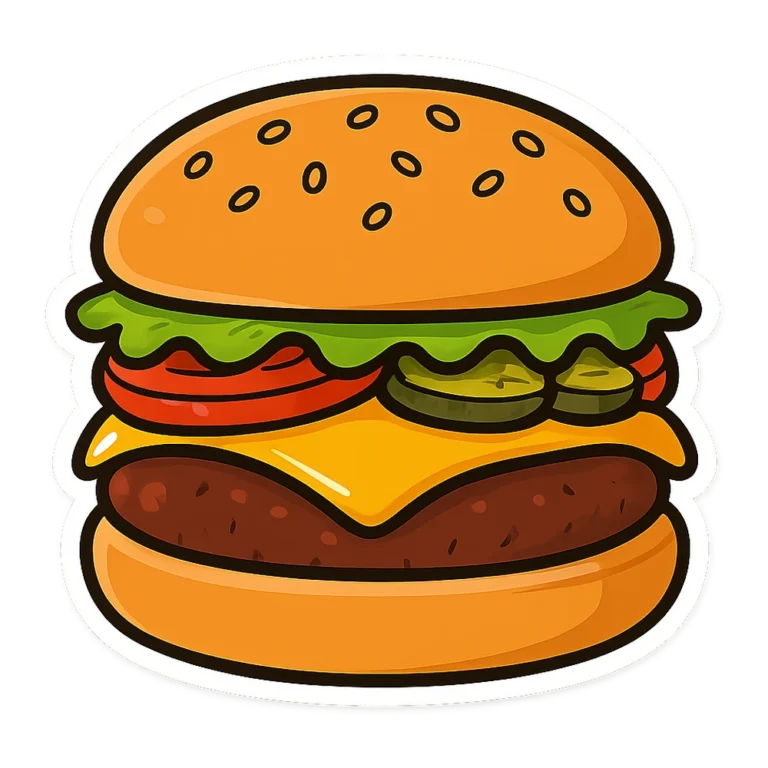 Burger clipart sticker of a cheeseburger with lettuce, tomato and a seeded bun