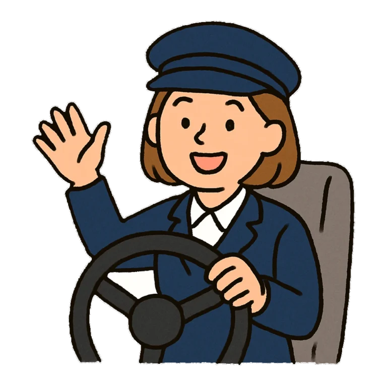 Bus driver clipart of a cheerful woman in a cap waving from the steering wheel