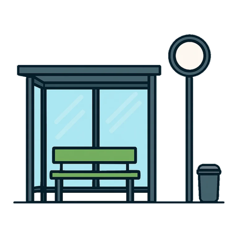 Bus stop clipart of a small glass shelter with a bench and a round sign