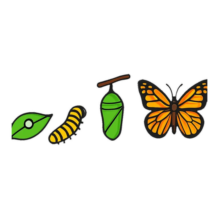 Butterfly life cycle clipart showing egg, caterpillar, chrysalis and butterfly